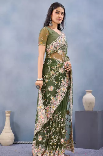 Green floral embroidered work designer net saree sari