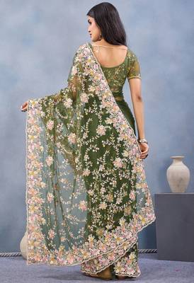 Green floral embroidered work designer net saree sari 5