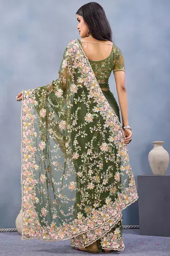 Green floral embroidered work designer net saree sari