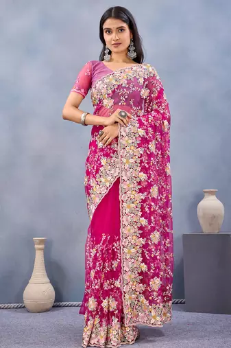 Pink floral embroidered work designer net saree sari