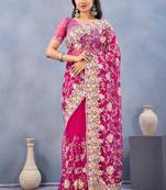 Pink floral embroidered work designer net saree sari