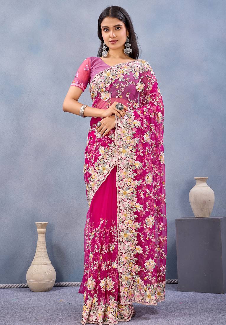 Pink floral embroidered work designer net saree sari