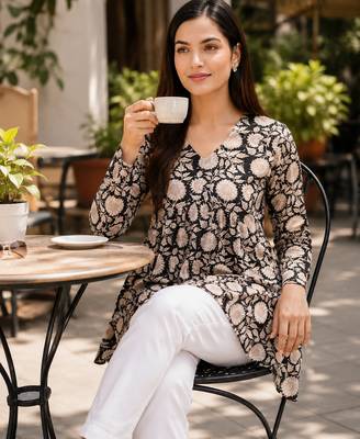 Anushil floral printed short kurti for women | cotton blend a-line tunic top | v-neck gathered top 1