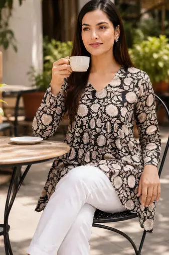 floral printed short kurti for women | cotton blend a-line tunic top