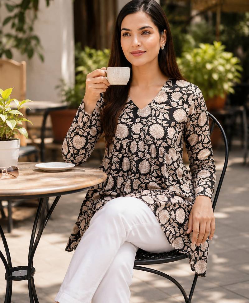 floral printed short kurti for women | cotton blend a-line tunic top