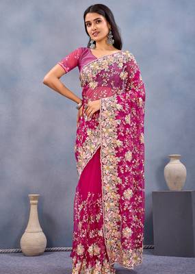 Pink floral embroidered work designer net saree sari 2