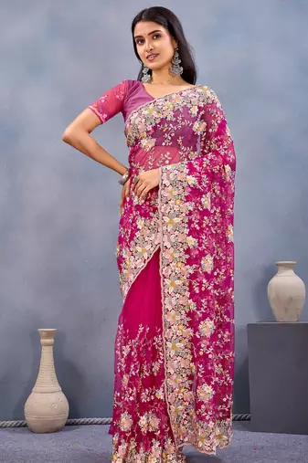 Pink floral embroidered work designer net saree sari