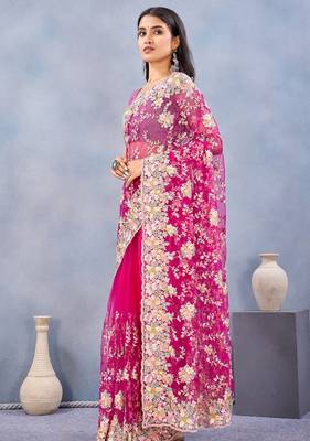 Pink floral embroidered work designer net saree sari 3