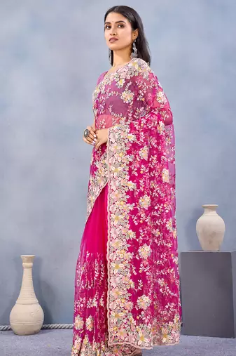 Pink floral embroidered work designer net saree sari