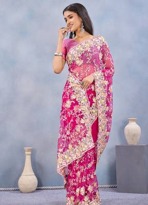 Pink floral embroidered work designer net saree sari 4