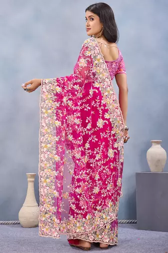 Pink floral embroidered work designer net saree sari