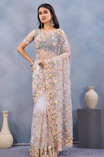 White floral embroidered work designer net saree sari