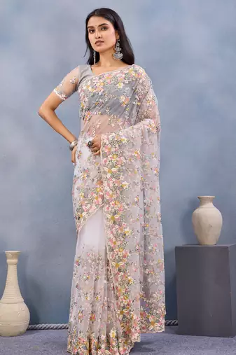 White floral embroidered work designer net saree sari