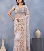 White floral embroidered work designer net saree sari