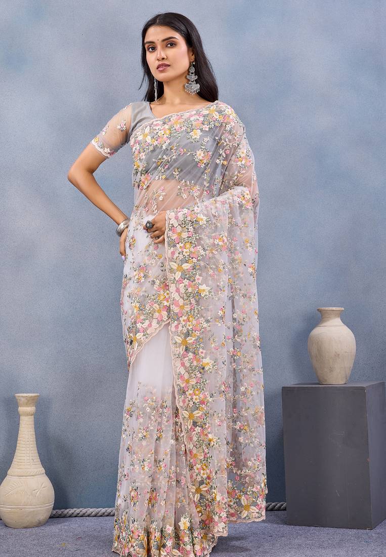 White floral embroidered work designer net saree sari