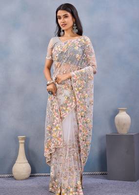 White floral embroidered work designer net saree sari 2