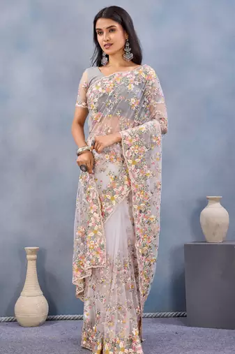 White floral embroidered work designer net saree sari