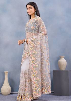 White floral embroidered work designer net saree sari 3