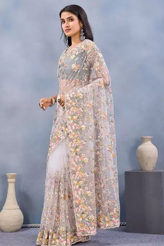 White floral embroidered work designer net saree sari