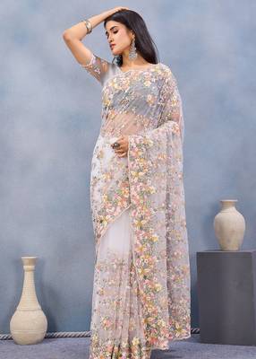 White floral embroidered work designer net saree sari 4