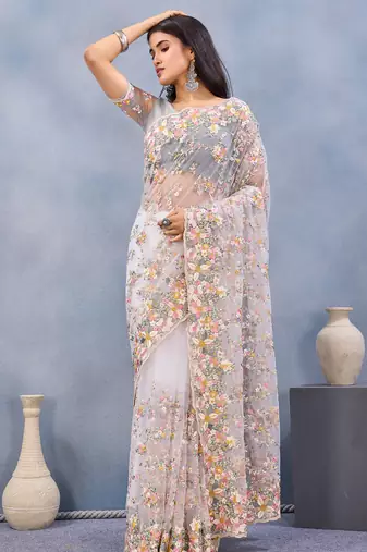 White floral embroidered work designer net saree sari