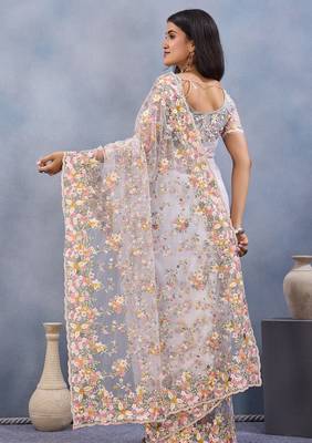 White floral embroidered work designer net saree sari 5