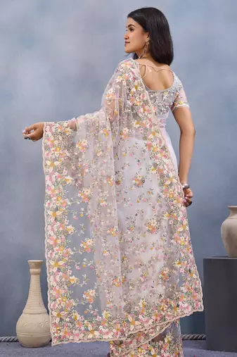 White floral embroidered work designer net saree sari