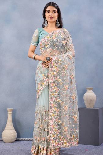 Sea green floral embroidered work designer net saree sari