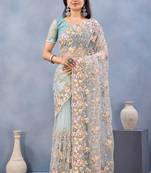 Sea green floral embroidered work designer net saree sari