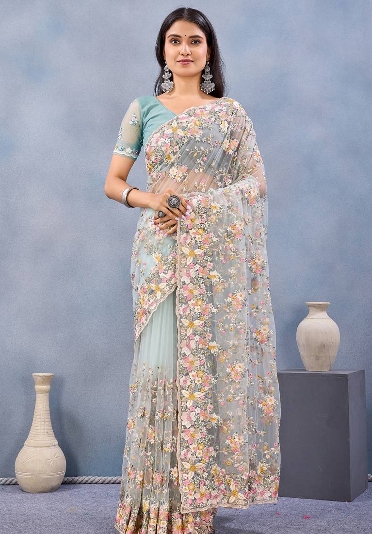 Sea green floral embroidered work designer net saree sari
