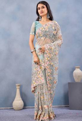 Sea green floral embroidered work designer net saree sari 2