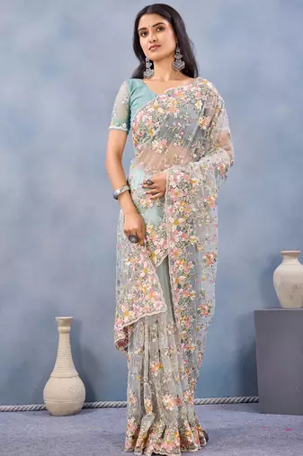 Sea green floral embroidered work designer net saree sari