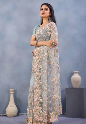 Sea green floral embroidered work designer net saree sari 3