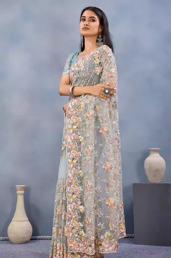 Sea green floral embroidered work designer net saree sari