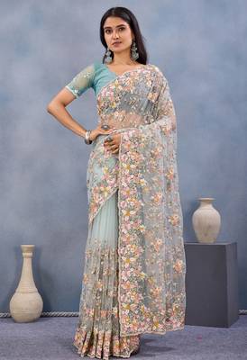 Sea green floral embroidered work designer net saree sari 4
