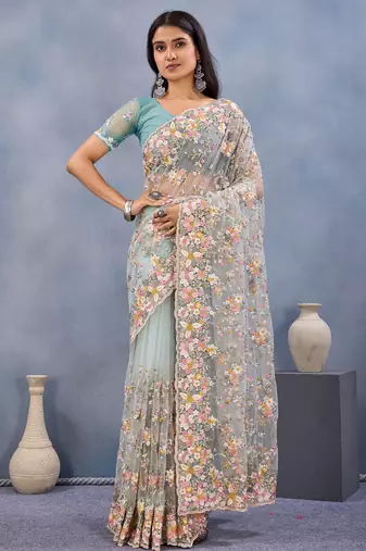 Sea green floral embroidered work designer net saree sari