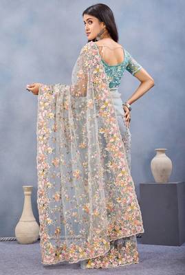 Sea green floral embroidered work designer net saree sari 5