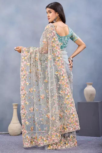 Sea green floral embroidered work designer net saree sari