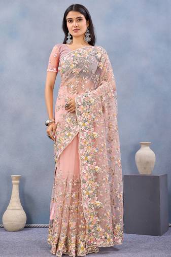 Peach floral embroidered work designer net saree sari