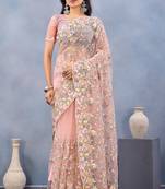 Peach floral embroidered work designer net saree sari