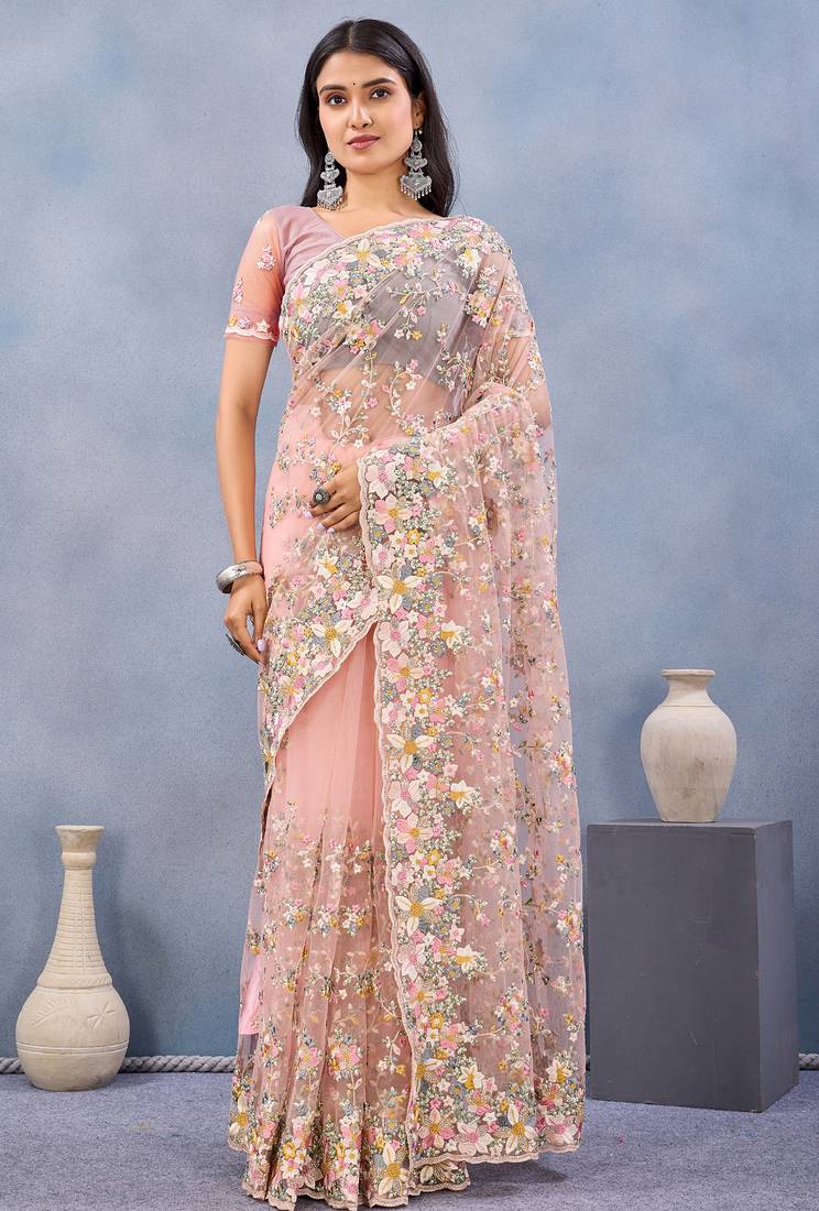 Peach floral embroidered work designer net saree sari