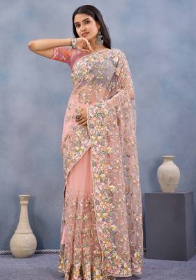 Peach floral embroidered work designer net saree sari 2