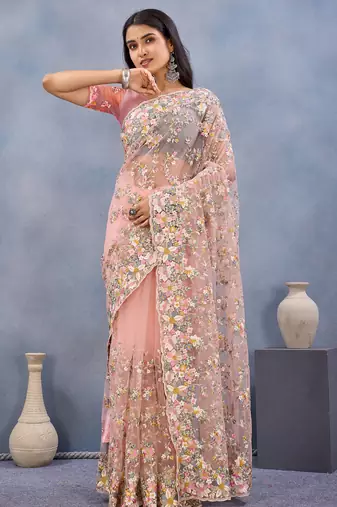Peach floral embroidered work designer net saree sari