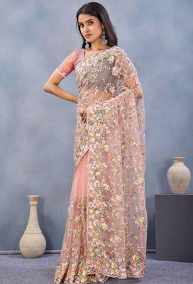 Peach floral embroidered work designer net saree sari 3