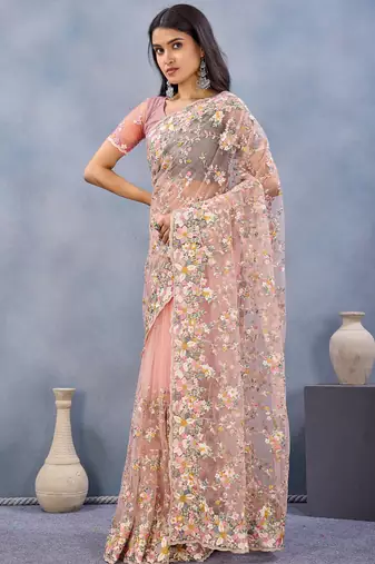 Peach floral embroidered work designer net saree sari