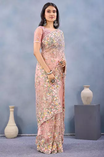 Peach floral embroidered work designer net saree sari