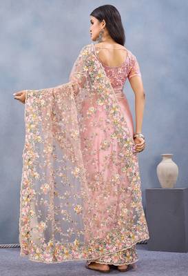 Peach floral embroidered work designer net saree sari 5