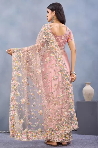 Peach floral embroidered work designer net saree sari