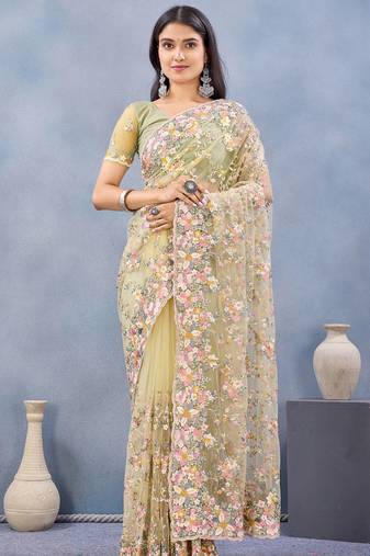 Light yellow floral embroidered work designer net saree sari