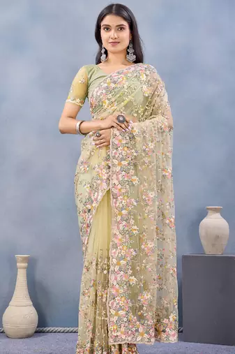Light yellow floral embroidered work designer net saree sari